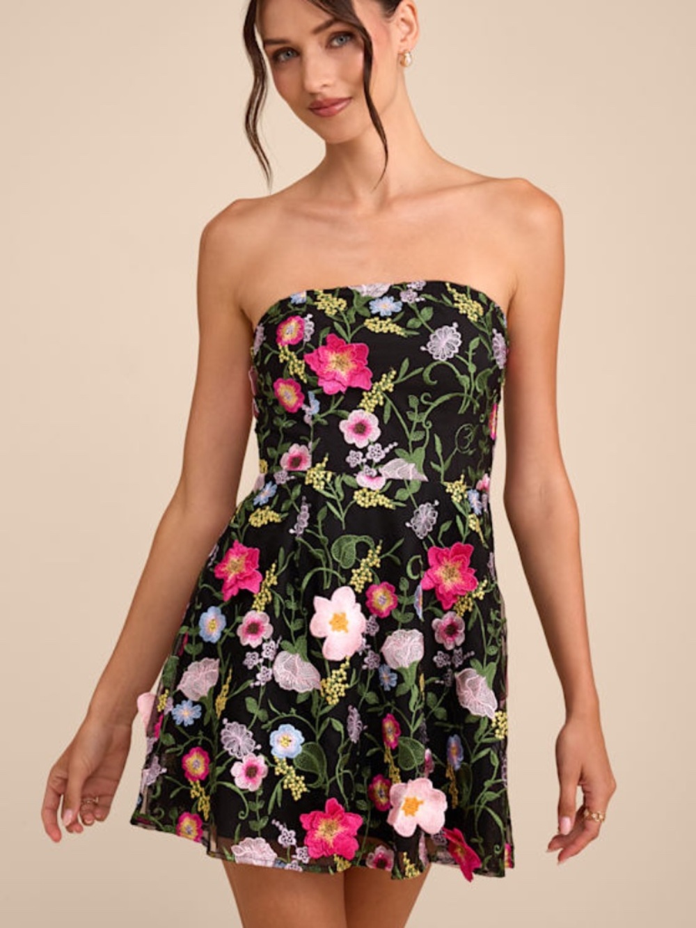 Lulus Caprice Black Multi Floral Embroidered Mini Dress - Size S